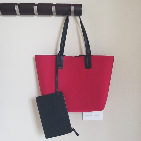 Zara Neoprene Tote with Split Suede Leather with Pouch Red NWT - Picture 7 of 7